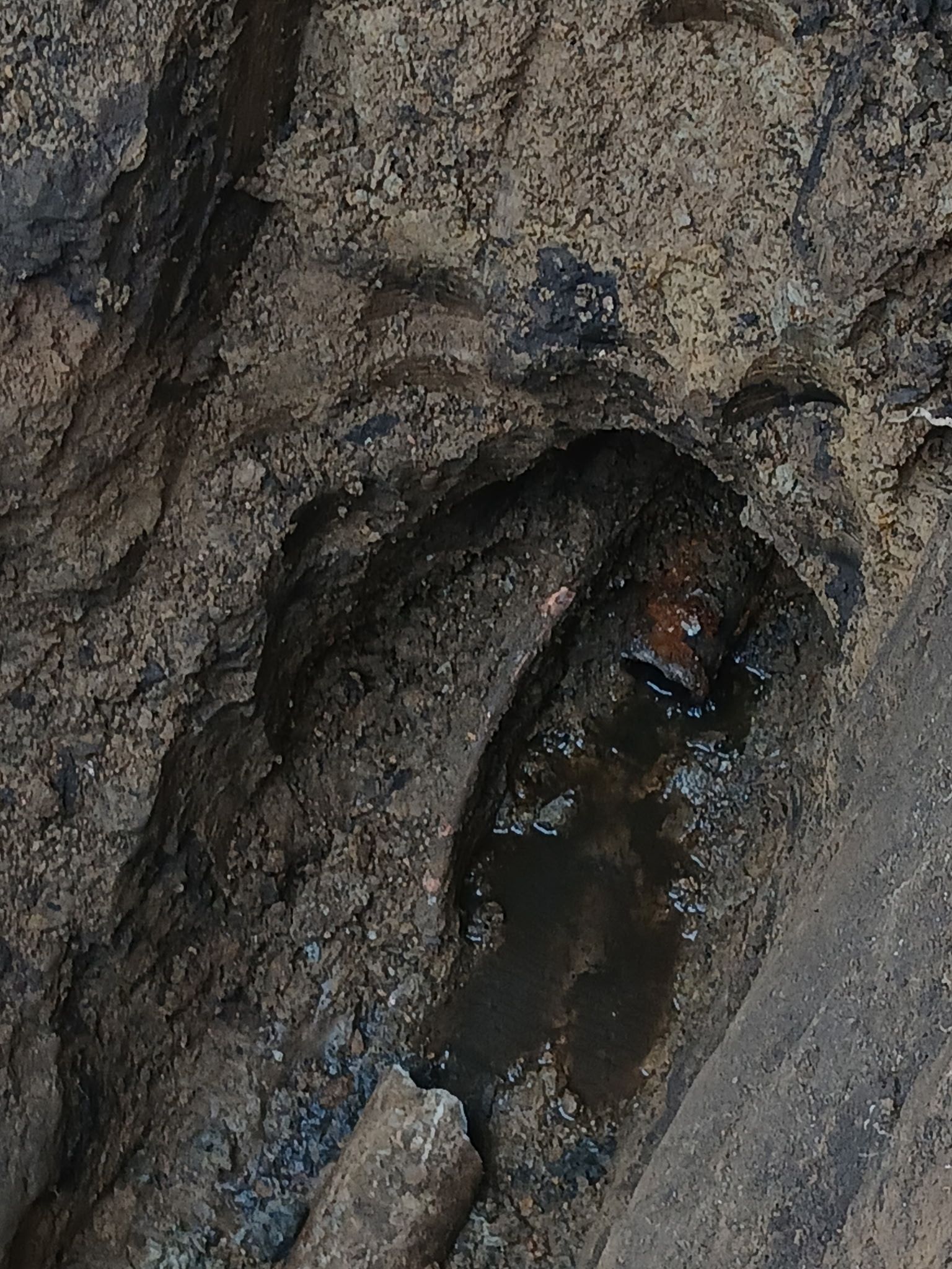 Close-up of a muddy tire track with a dark, water-filled rut in rough dirt.