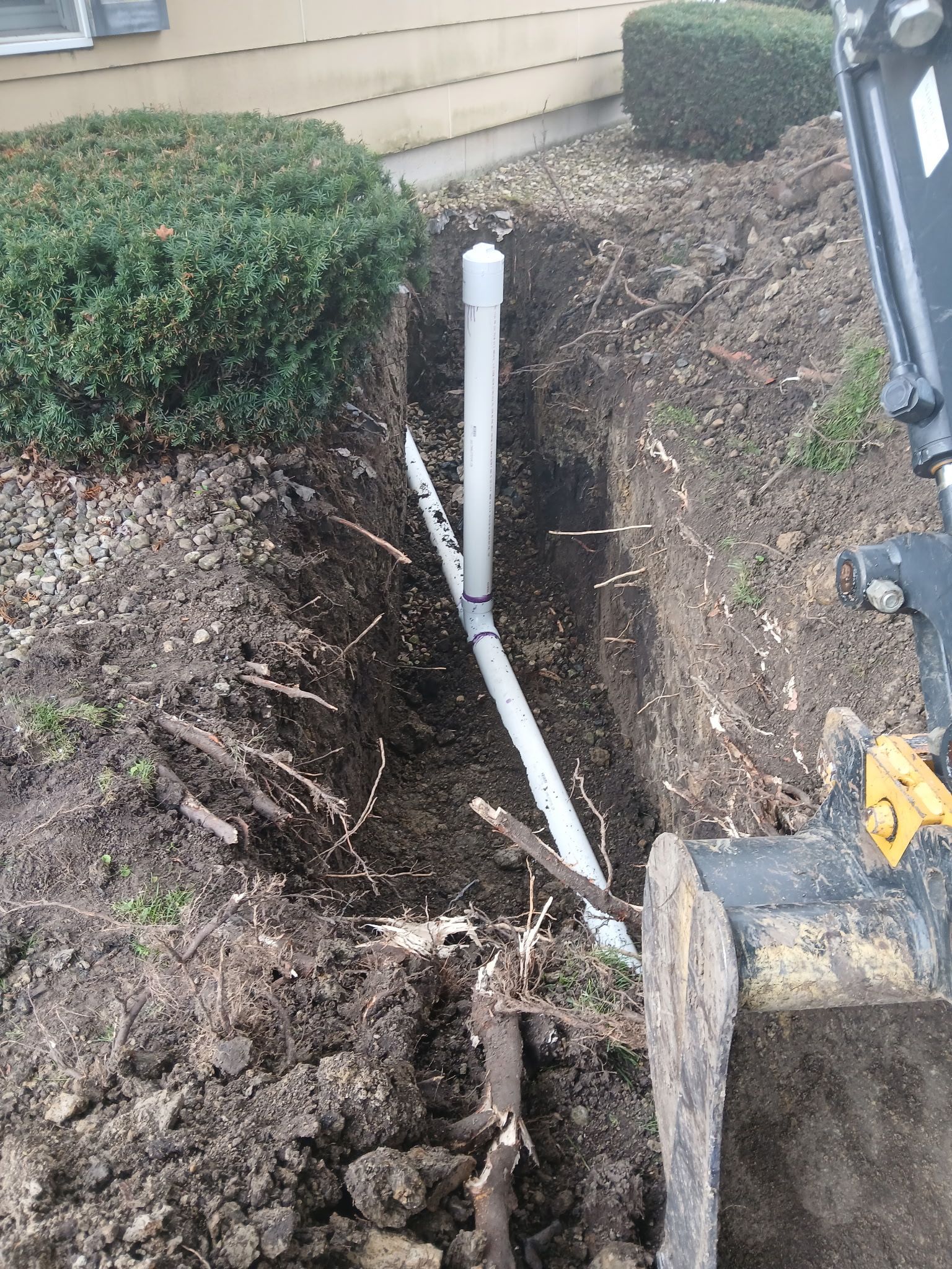 Trench beside house exposing white utility pipe and damaged ground near a hedge and driveway