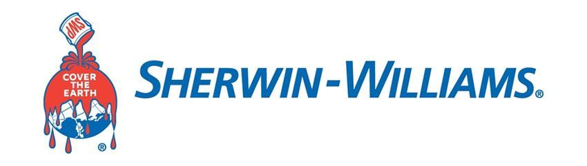 Sherwin-Williams logo showing a red paint can pouring red paint over a blue globe with the text 