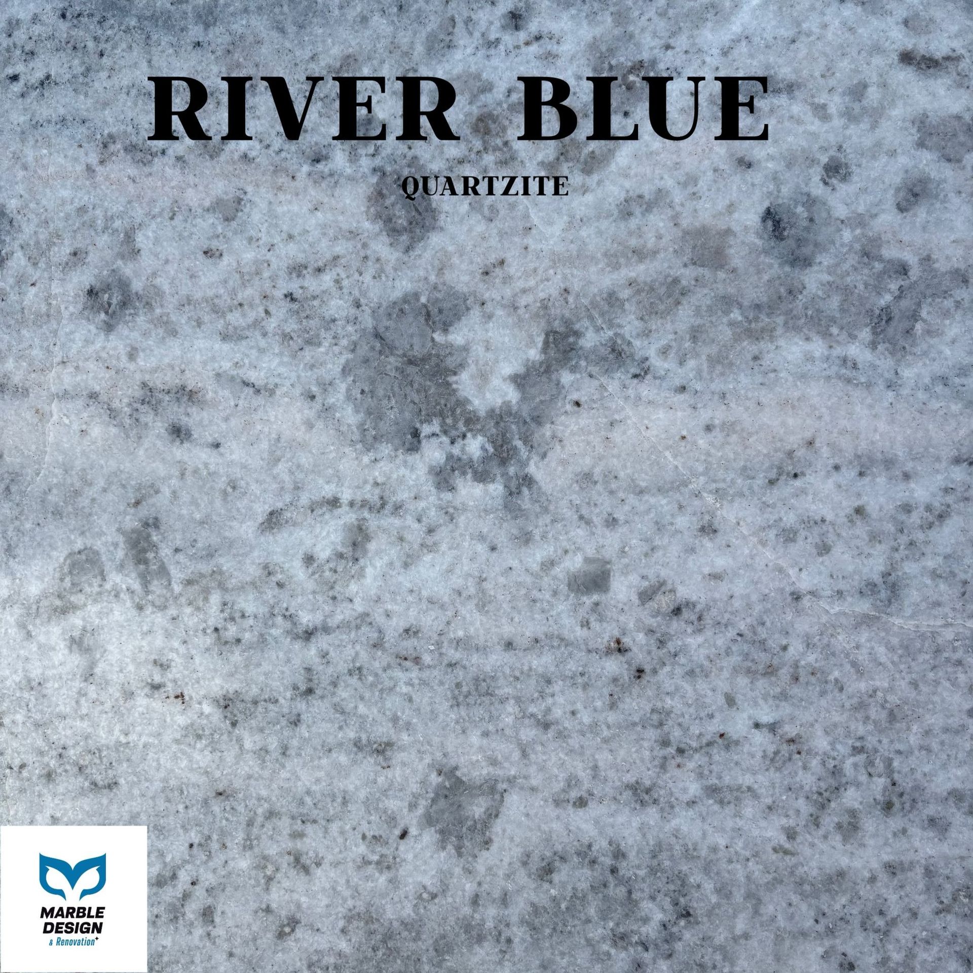 A river blue quartzite counter top with a marble design logo