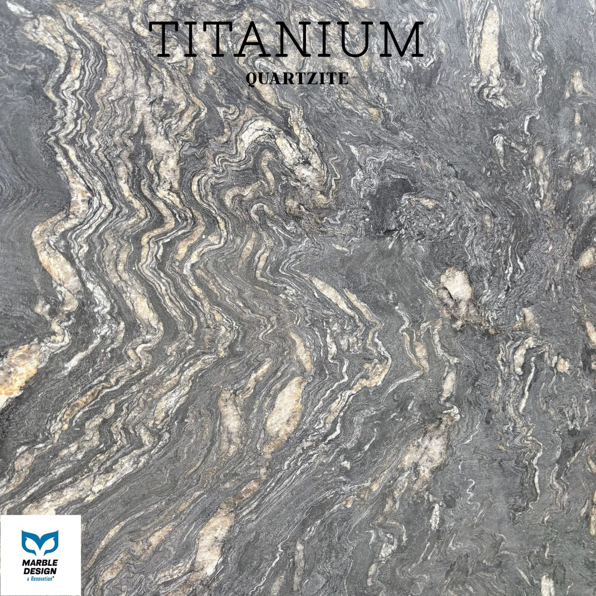 A close up of a granite counter top with the word titanium on it.