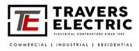 Travers Electric logo with black, red, and gray text; commercial, industrial, residential tagline