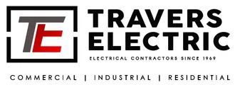 Travers Electric logo with black and red TE monogram and tagline: commercial, industrial, residential.