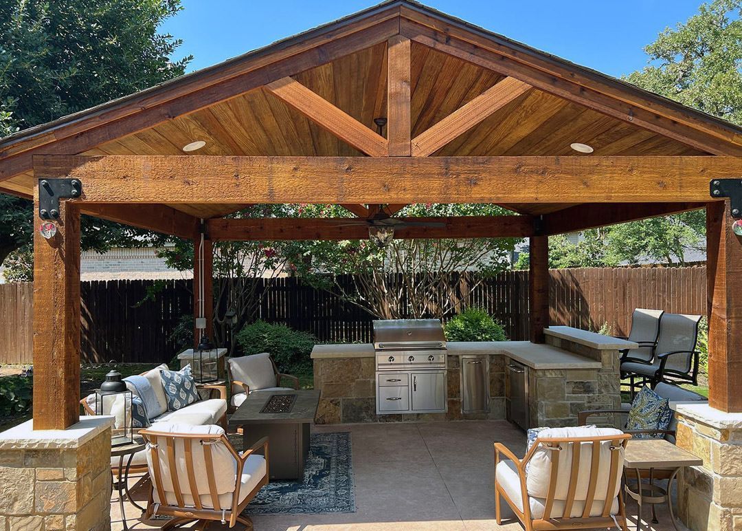 Oklahoma Stone, Buff Lueder, Stamped Concrete, Cedar Gabled Patio Cover
