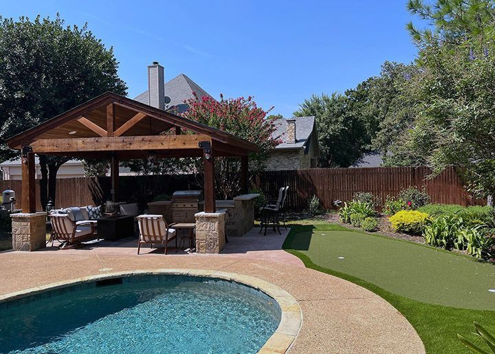 OPEN GABLE PATIO COVER, TURF PUTTING GREEN