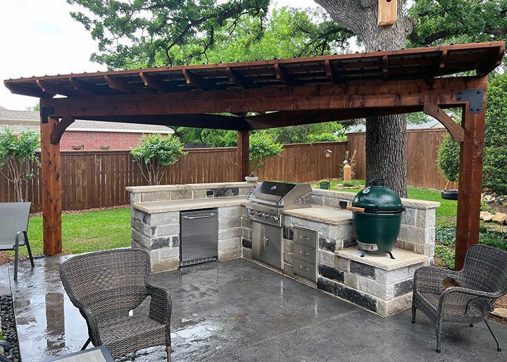 TRADITIONAL PERGOLA, METAL ROOF, GRILL STATION, STAMPED CONCRETE