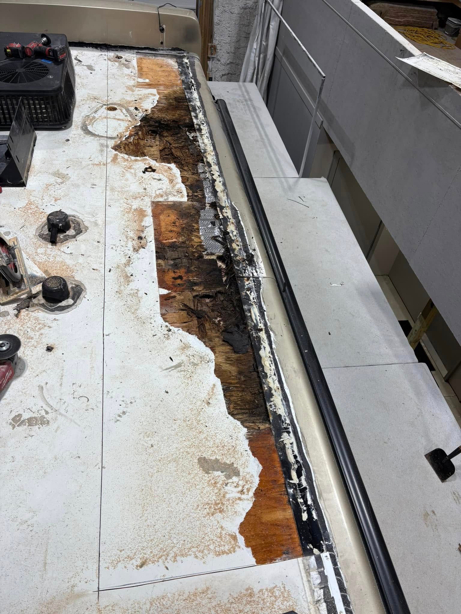 There is a hole in the roof of a building.