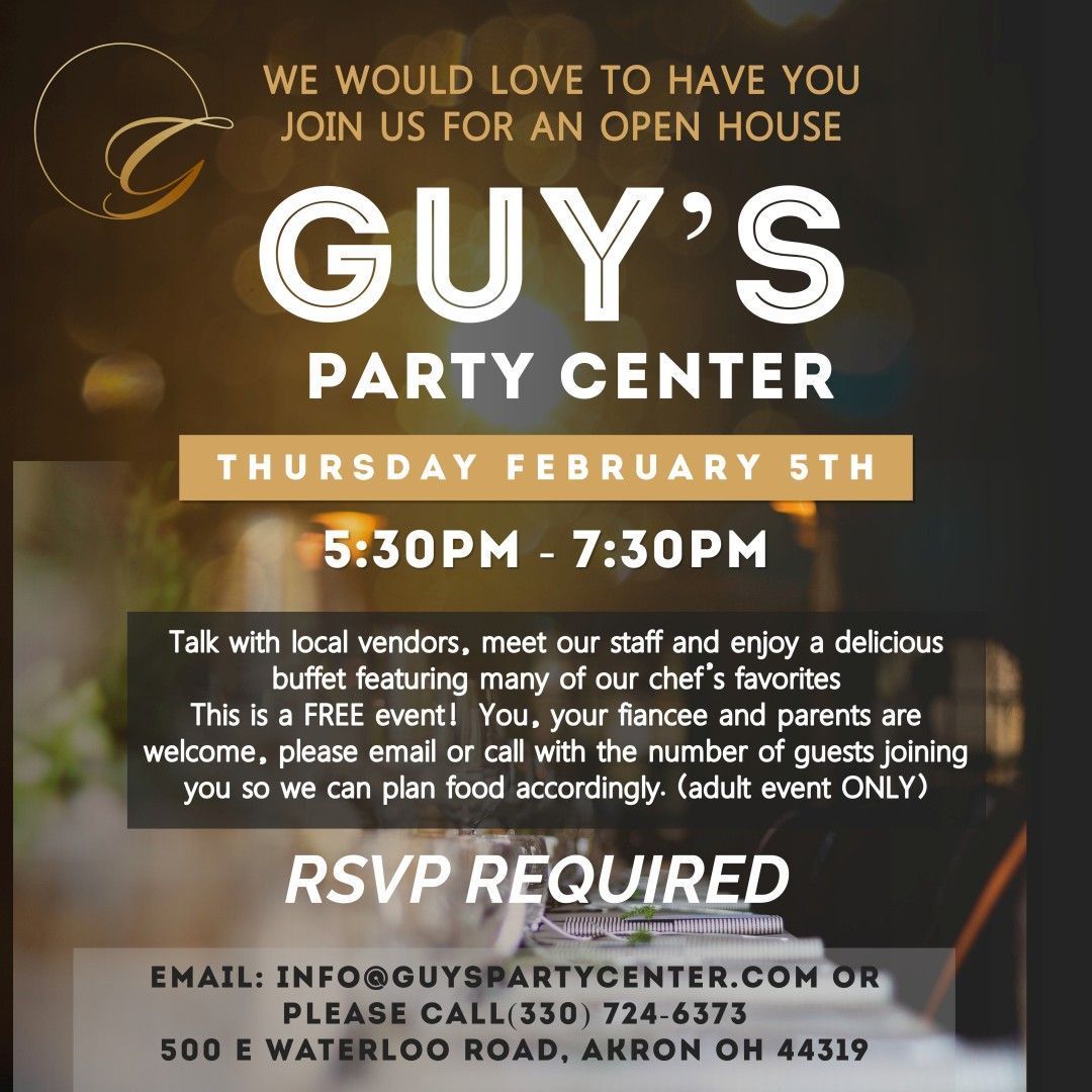 Flyer for Guy's Party Center open house on Thursday, Feb 5th, 5:30-7:30pm in Akron, OH. RSVP required.