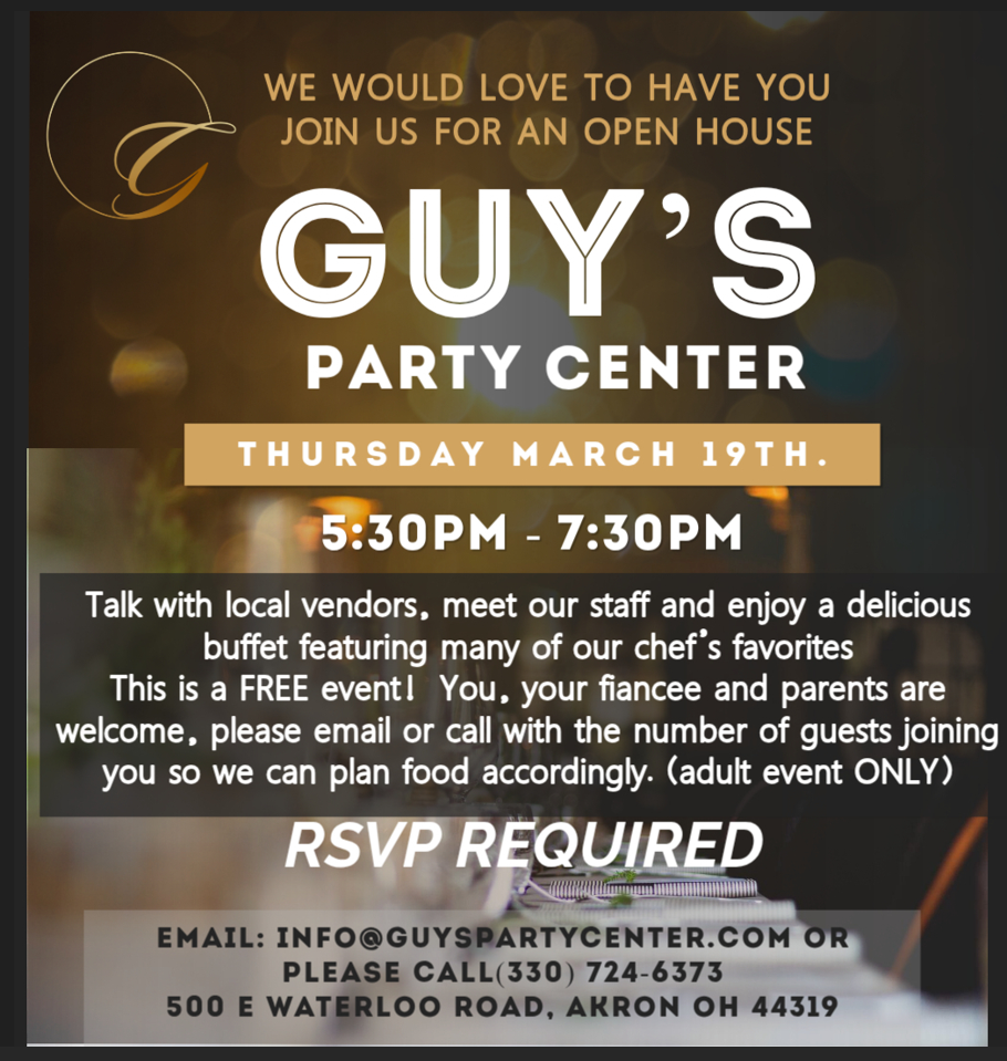 Flyer for Guy's Party Center open house on Thursday, Feb 19th, 5:30-7:30pm in Akron, OH. RSVP required.