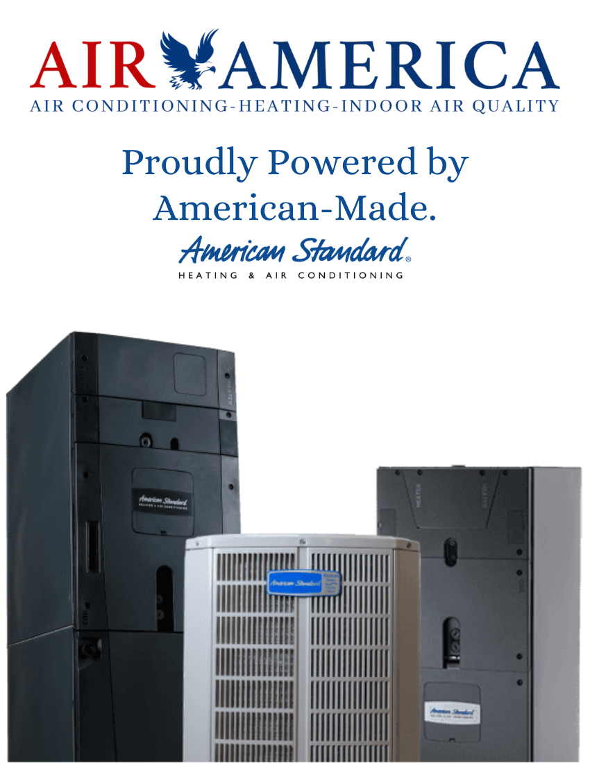 An Air America advertisement featuring three American Standard heating and cooling units against a white background.