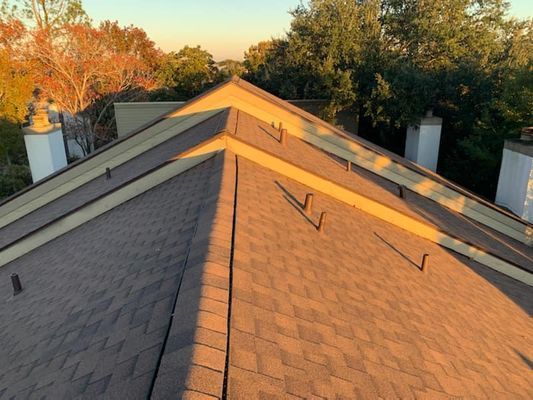 A roof with brown shingles, light brown trim, and black metal bars. The setting appears to be during golden hour, with trees in the background.