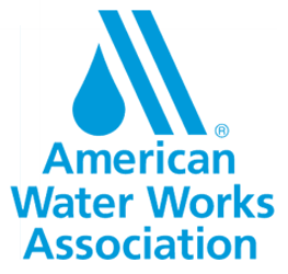 American Water Works Association logo with a blue water droplet and stripes. Blue text.