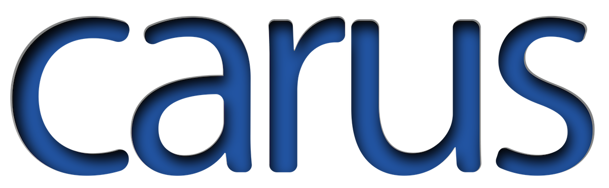 Carus text logo in blue with a shadow effect.