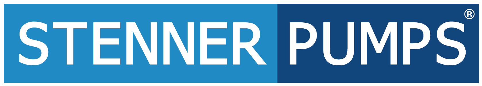 Stenner Pumps logo: white text on a two-toned blue background.