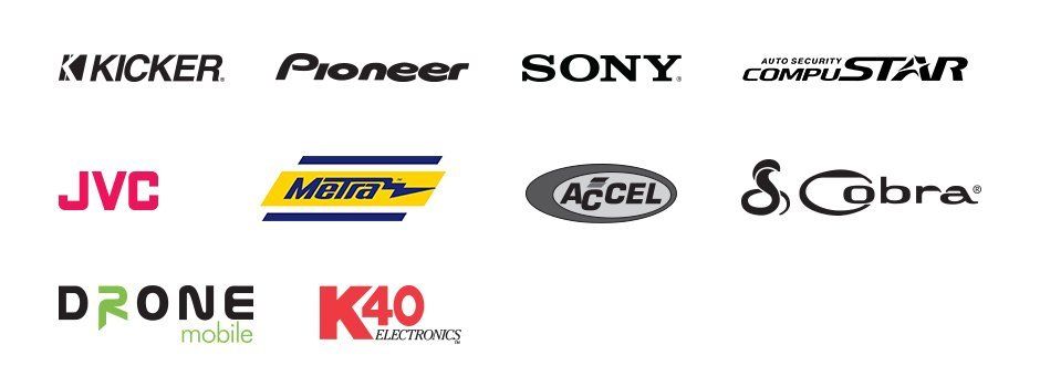 Kicker, Pioneer, Sony, JVC, Compustar, Drone Mobile, Metra, Accel, Cobra, K40