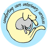 Logo for Comforting Care Veterinary Services, showing a cat and dog cuddled in a yellow circle on a blue background