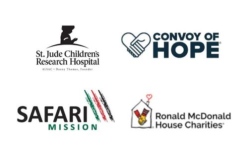Logos for St. Jude Children's Research Hospital, Convoy of Hope, Safari Mission, and Ronald McDonald House Charities.