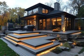 A modern two-story home at dusk with illuminated tiered decking, stone accents, and large windows looking into a lit room.