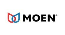 Logo for Moen, featuring two overlapping water droplet shapes in red and blue, with