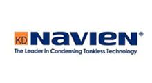 Logo for Navien, a brand of condensing tankless water heaters, featuring the brand name in blue with an orange KD box.
