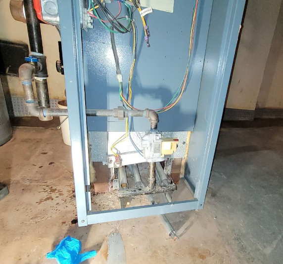 Open view of a blue furnace showing gas lines, burners, and wiring in a basement setting.
