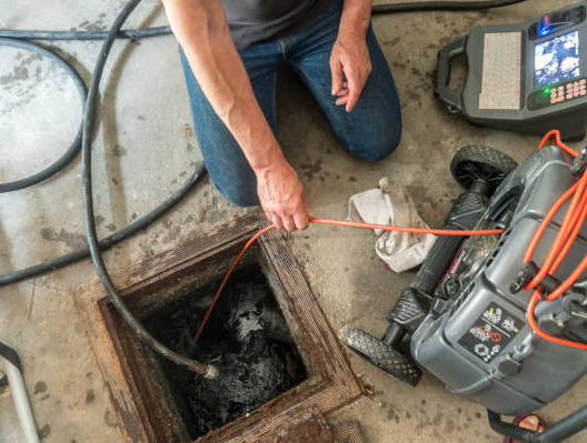 Person inspecting a sewer line with a camera, kneeling on concrete floor. Equipment visible.
