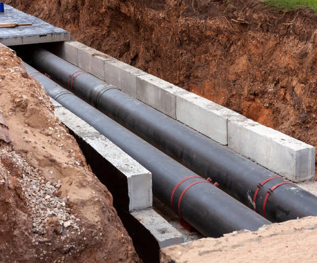 Pipes in trench, under concrete supports, in dirt. Construction of buried infrastructure.