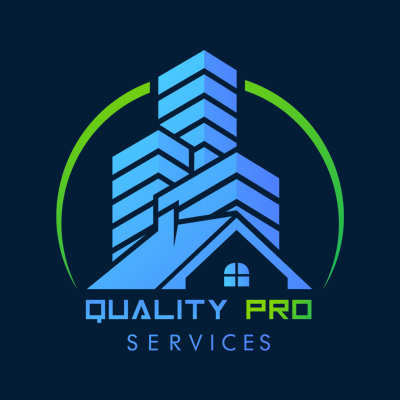 Logo for Quality Pro Services: blue buildings with green halo and text on a dark blue background.