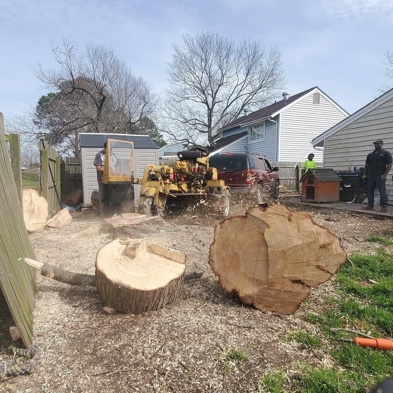a tree stump is being removed by a machine in a yard