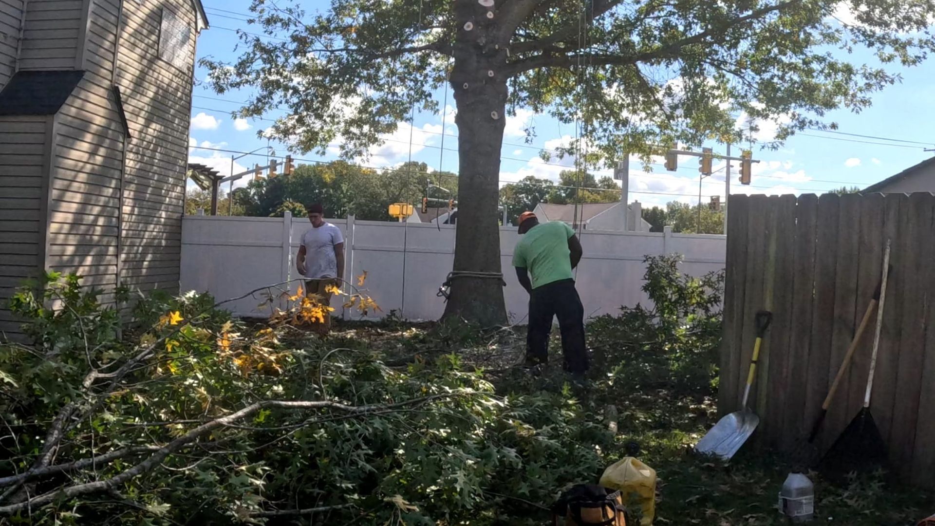 a man in a green shirt is standing next to a tree in a yard