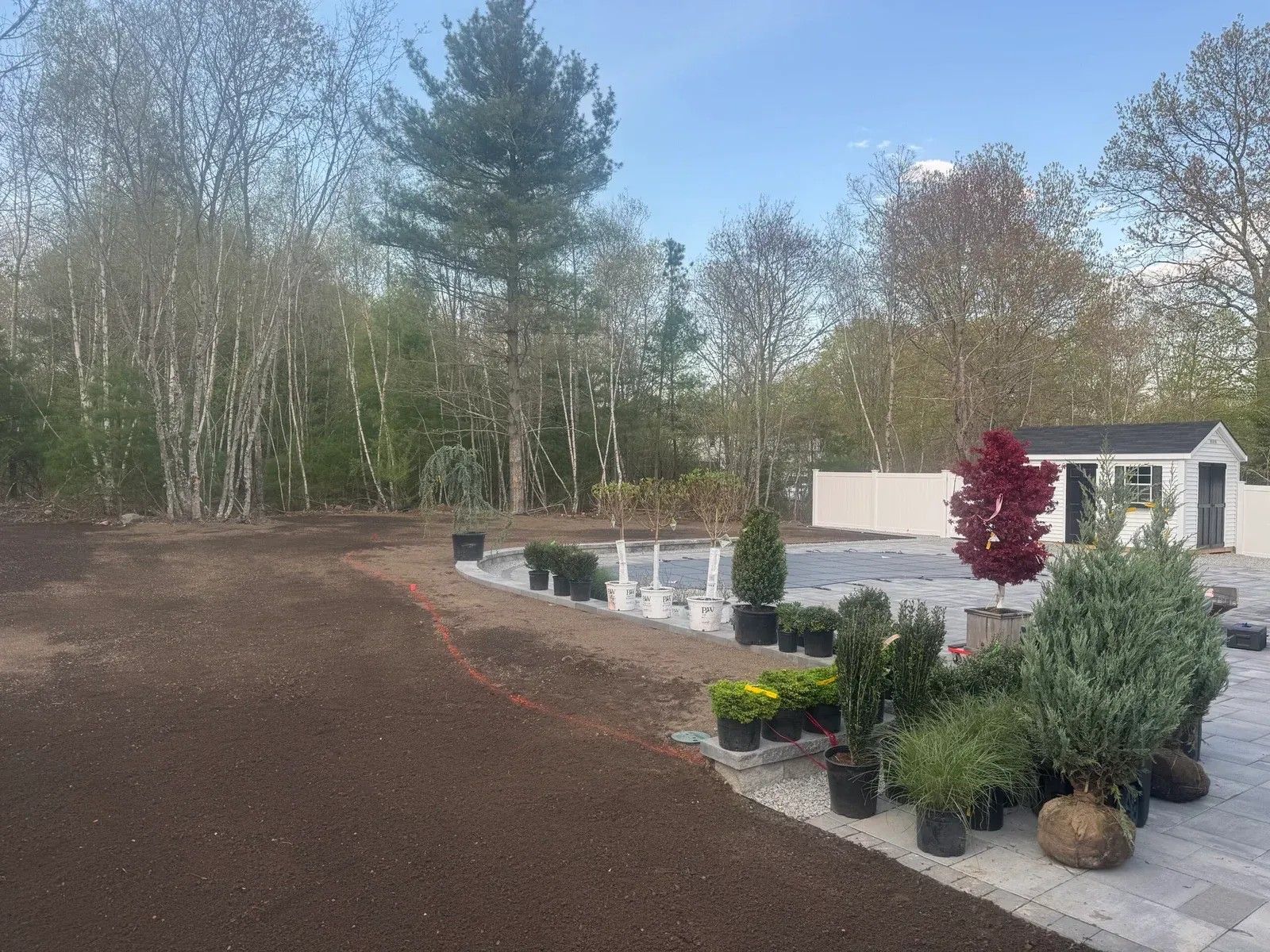 Garden center with potted shrubs beside a pond, dirt path, and trees under a clear blue sky.
