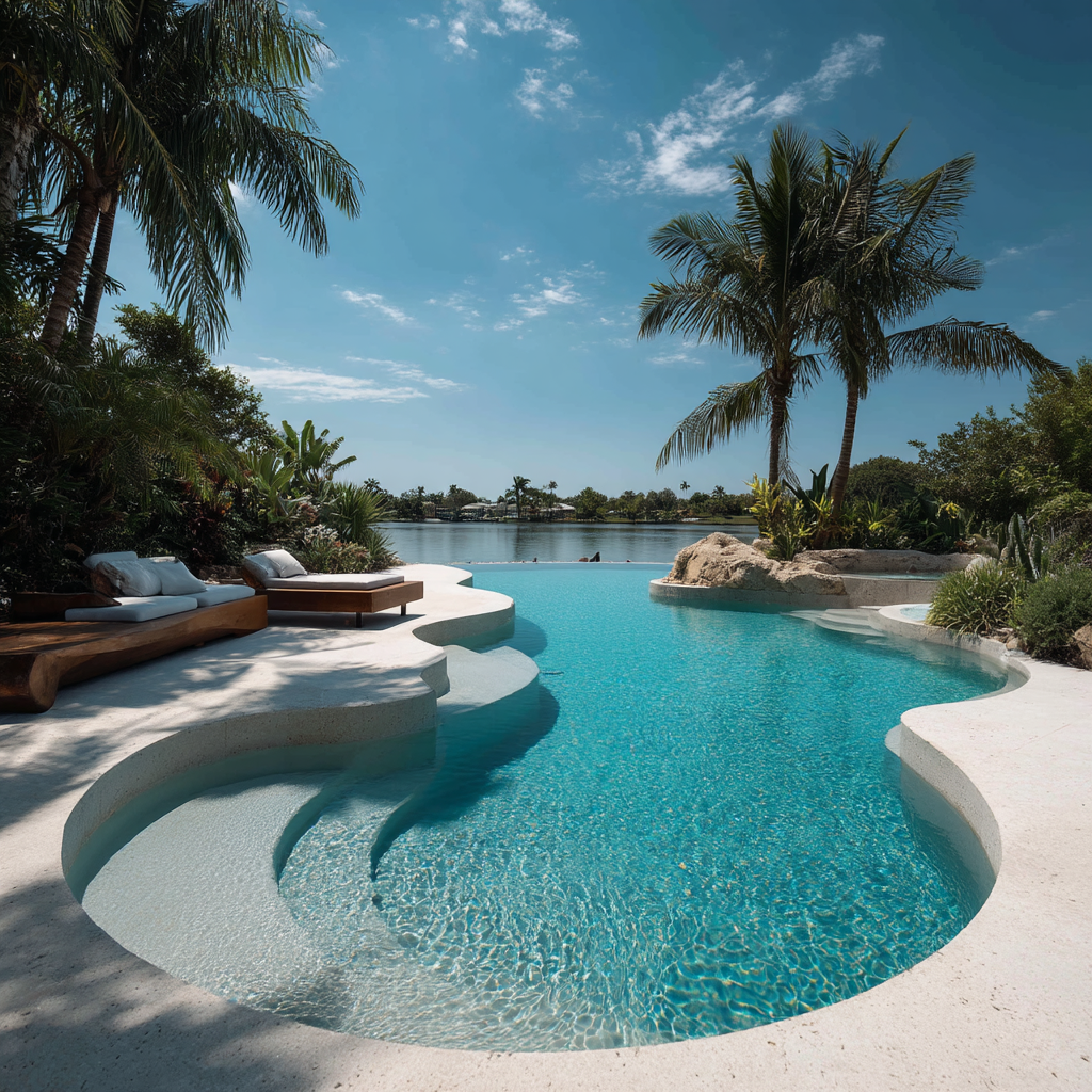 Tropical resort pool with white stone edges, palm trees, lounge chairs, and a view of the ocean beyond.