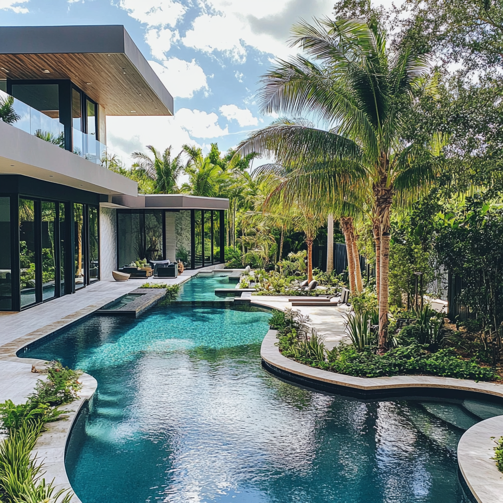Modern tropical villa with a curving blue pool, palm trees, and lush landscaping