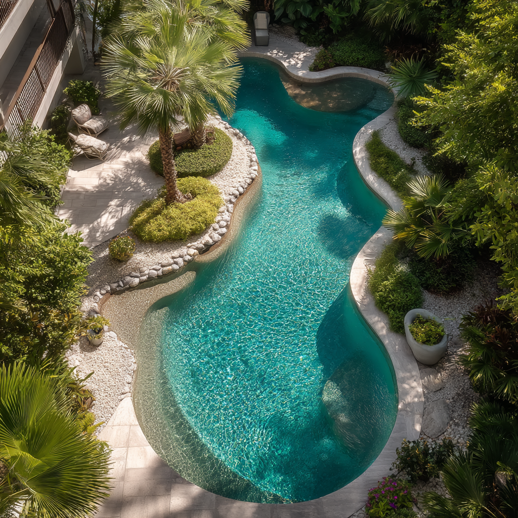 A turquoise resort pool winding through a tropical garden with palm trees and stone paths