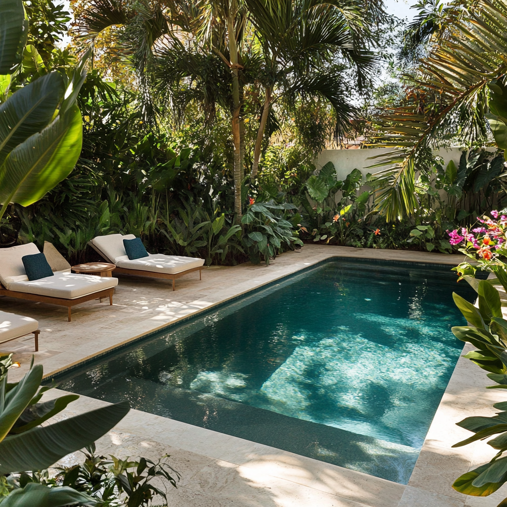 Tropical courtyard with a small turquoise pool, two lounge chairs, and lush green plants around it