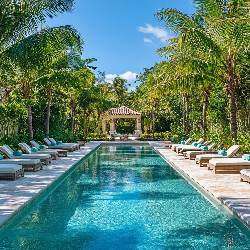 Tropical resort pool lined with lounge chairs and palm trees under a bright blue sky