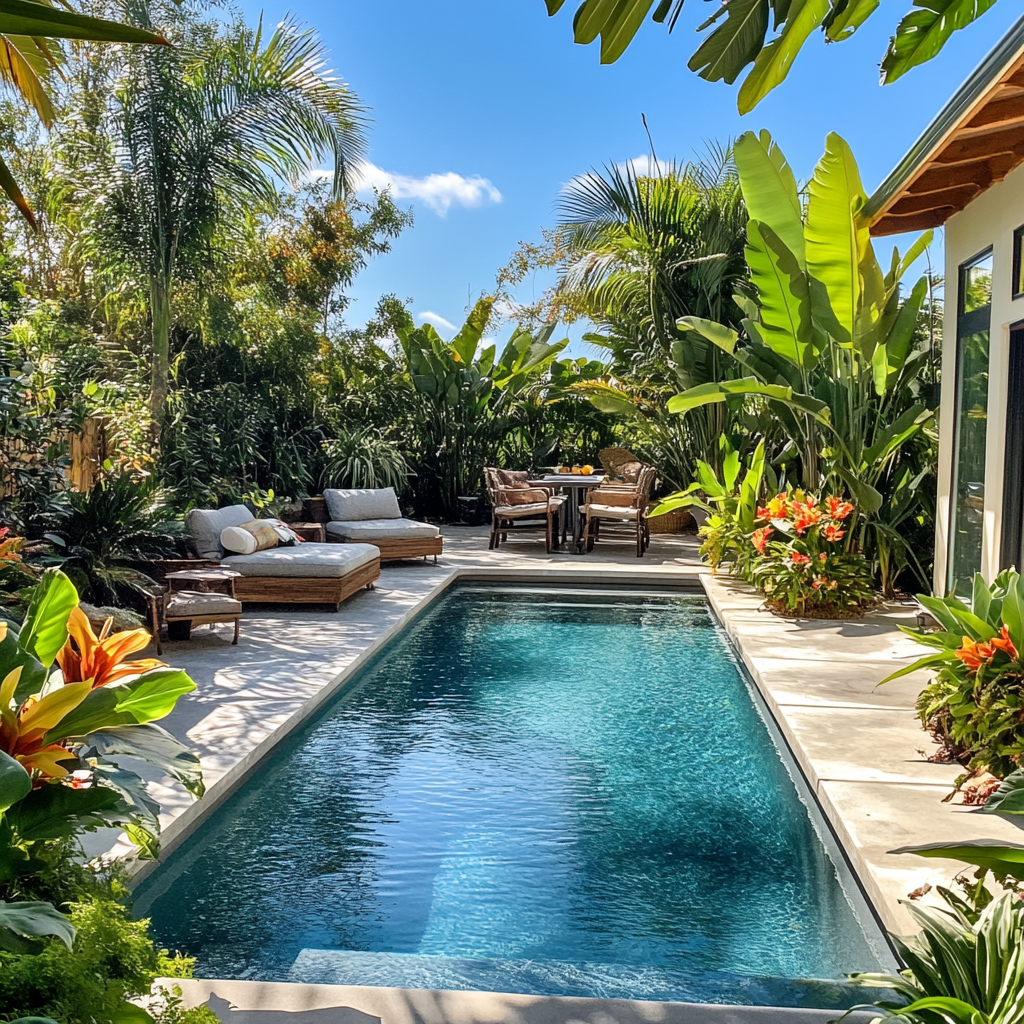 Sunny tropical patio with a narrow pool, lounge chairs, lush plants, and dining table