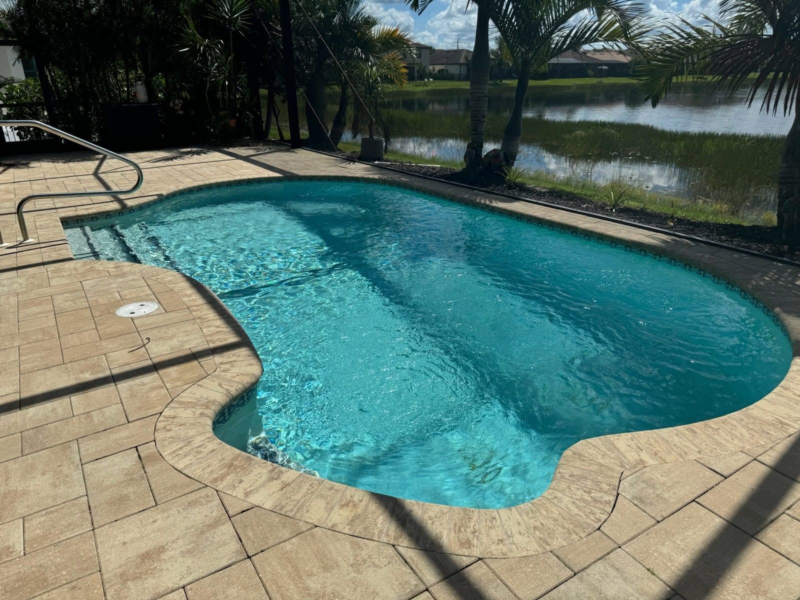 Backyard swimming pool with clear blue water beside a lake and palm trees