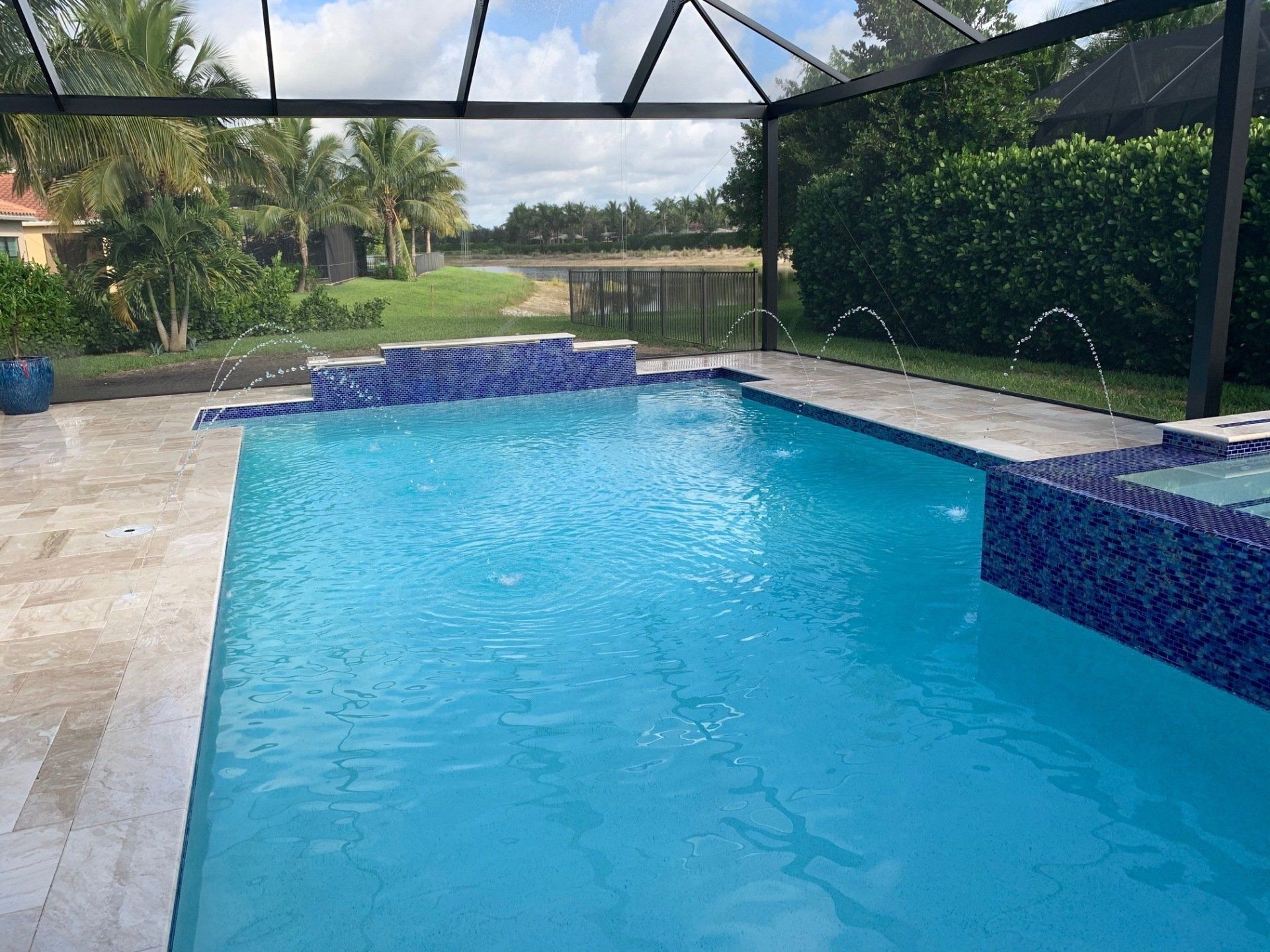 Backyard swimming pool with blue water, stone deck, and screened enclosure overlooking palm trees