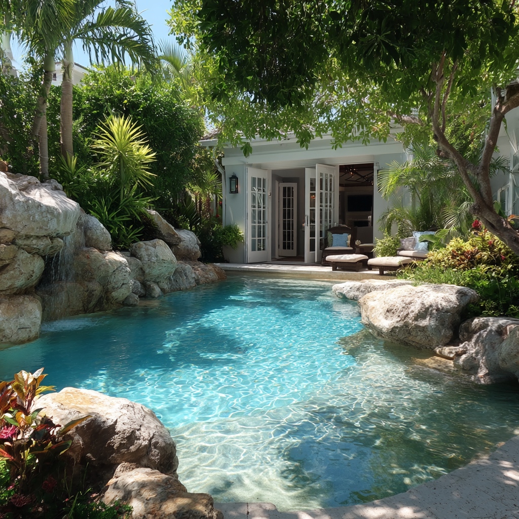 Tropical backyard pool with clear blue water, rocks, and a small white pool house under trees