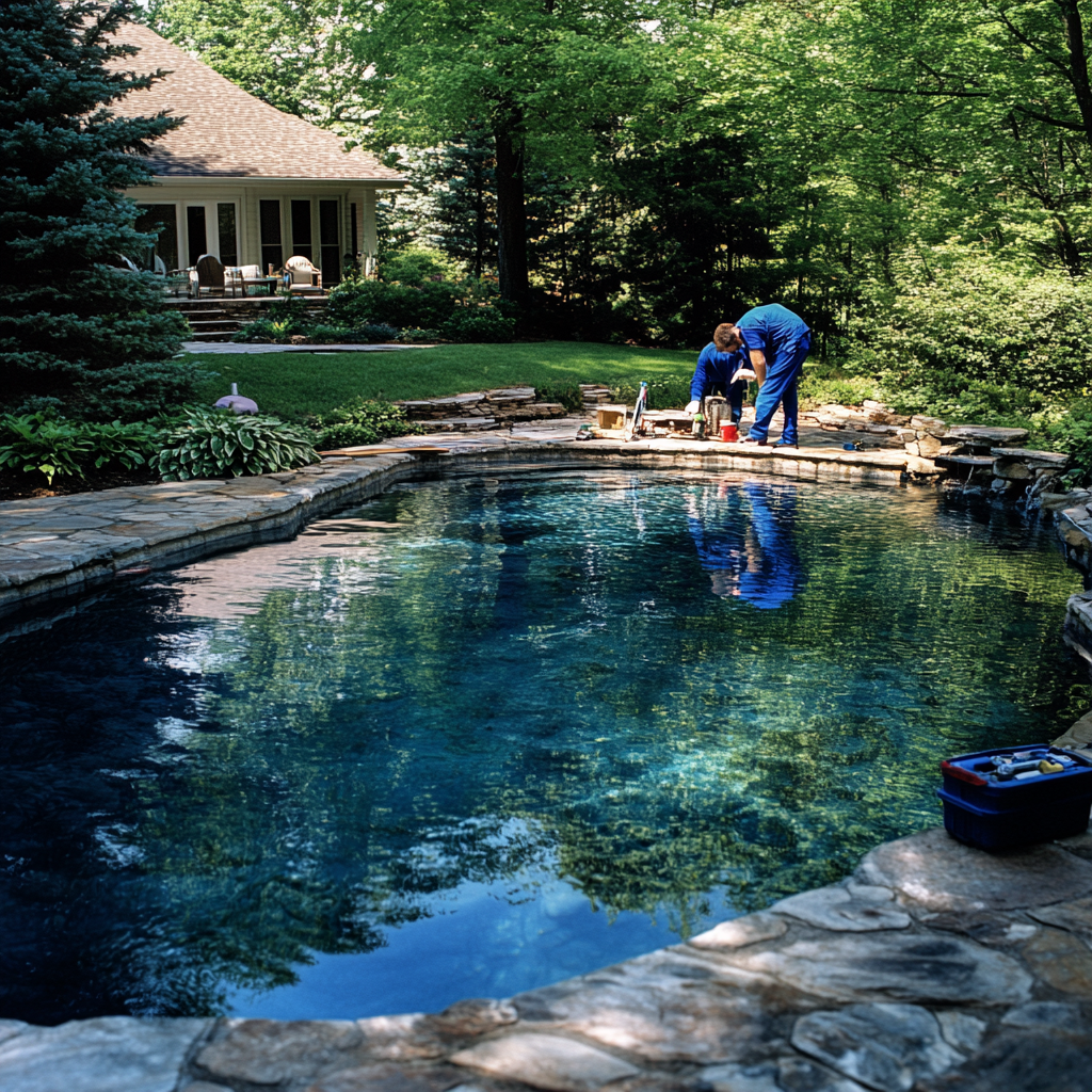 Stone backyard pool with two workers cleaning beside a house, surrounded by lush trees.