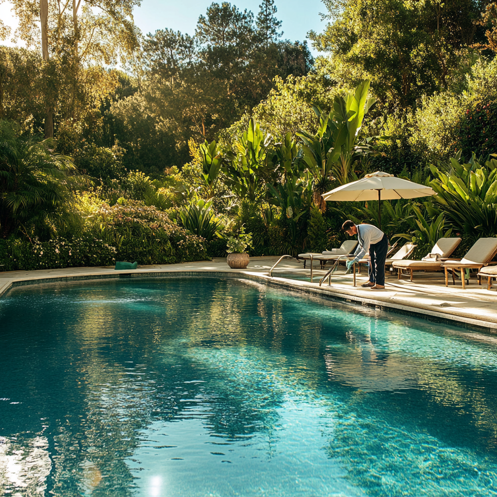 Resort swimming pool with turquoise water, lounge chairs, and a person under a patio umbrella, surrounded by lush trees