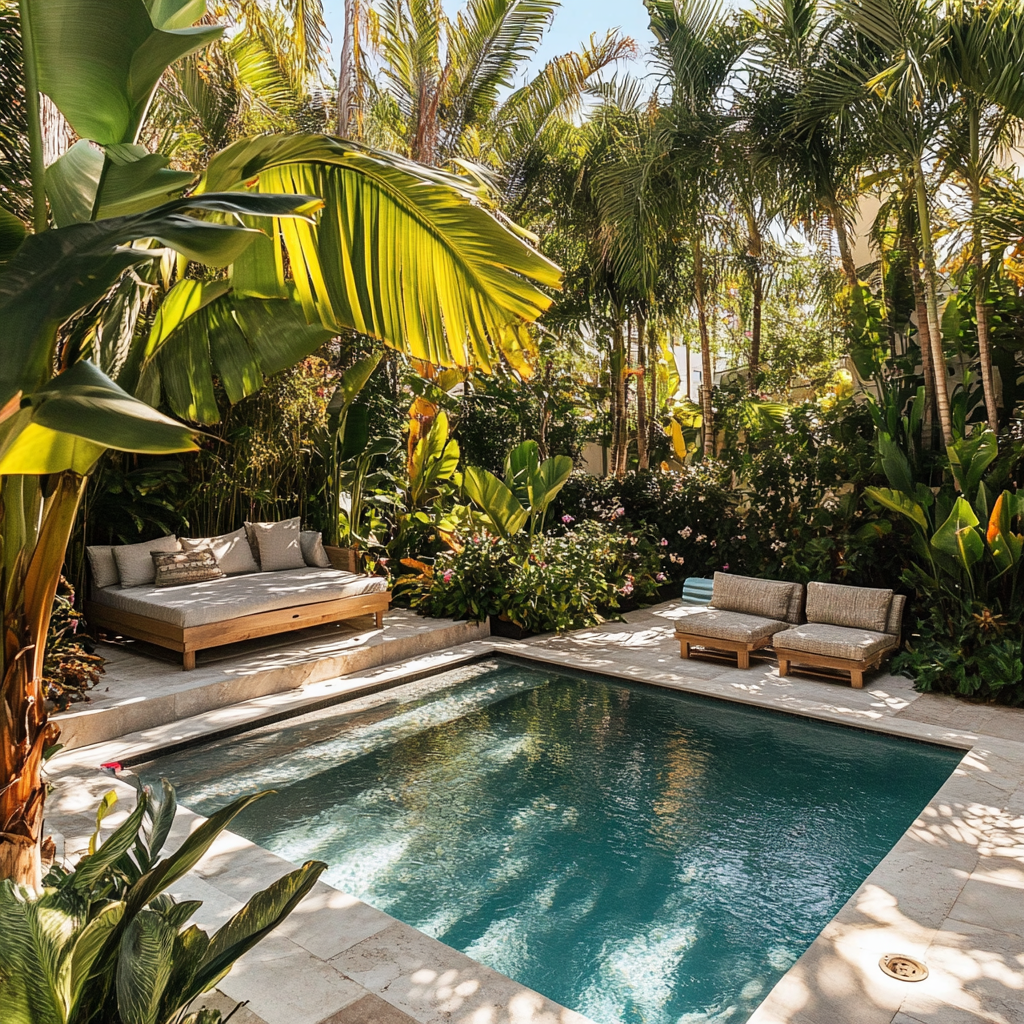 Tropical backyard pool with lounge beds, lush palms, and dappled sunlight