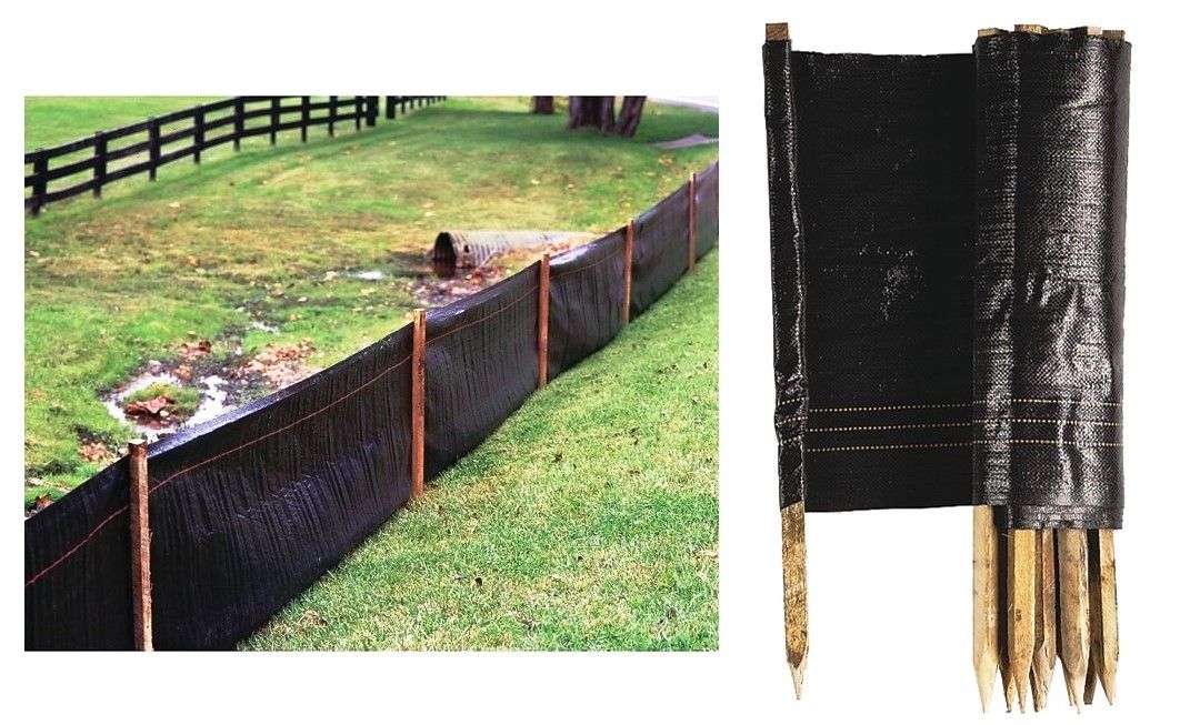 A black silt fence on a grassy slope, with a close-up of the fence construction showing wooden stakes.