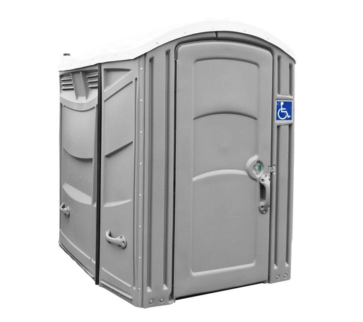 Gray portable toilet with a white roof and a blue wheelchair access sign