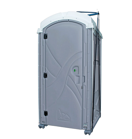 Gray portable toilet with a white roof, designed for temporary outdoor use.