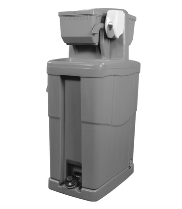 Gray portable handwash station with soap dispenser, paper towel holder, and foot-operated water pump.