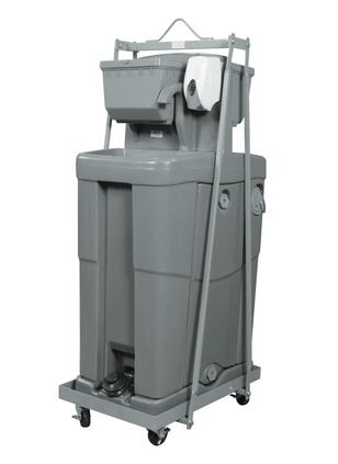A portable, gray handwashing station on wheels with a basin, soap dispenser, and foot pedals.