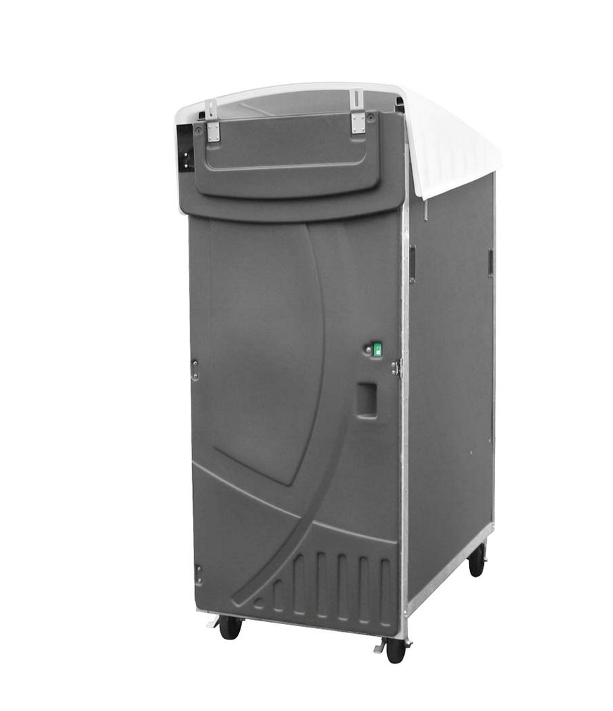 Gray and white portable charger station on wheels, for charging electric scooters or other devices.