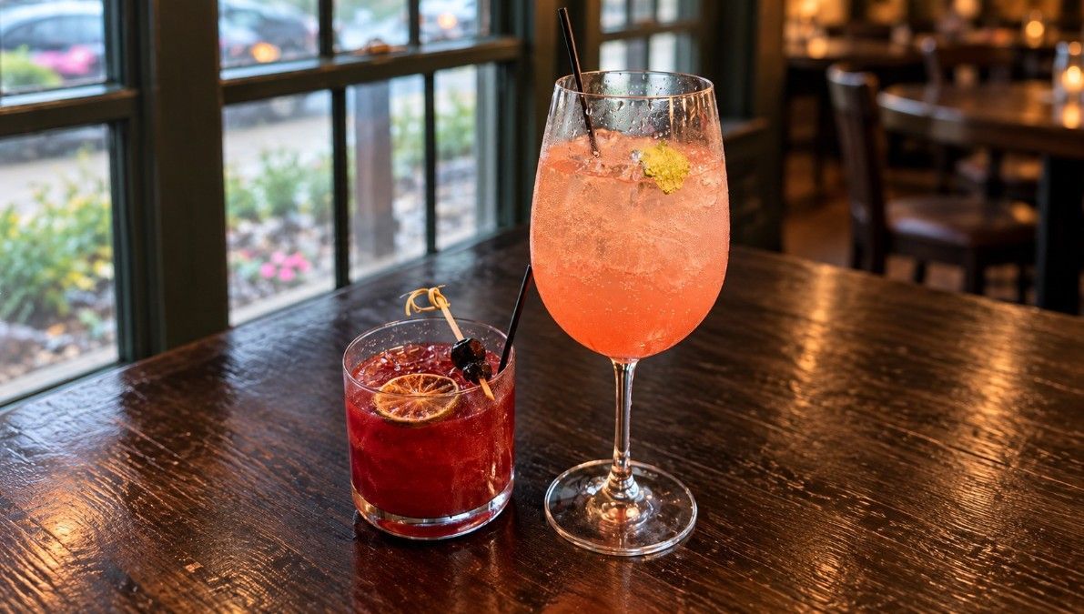 Two cocktails on a wooden table in a bar, one red lowball drink and one pink stemmed drink with garnish